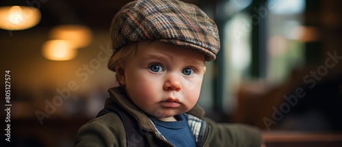 Indoor photo of a baby with a hilariously overstated sad expression, wearing a cute hat, blurred background, photo