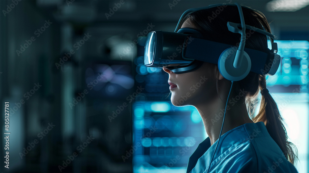 Female medical professional using advanced virtual reality headset to interact with digital data in a dark, high-tech laboratory Female medical professional using advanced virtual reality headset to interact with digital data in a dark, high-tech laboratory