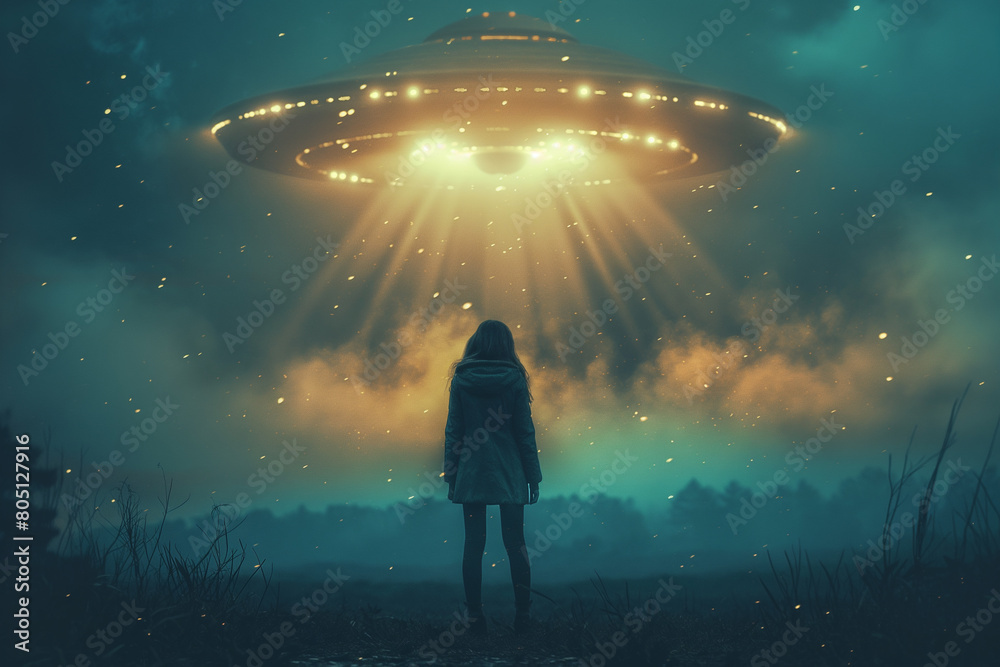 Fototapeta premium World UFO Day, Unidentified flying object on blue neutral background.
