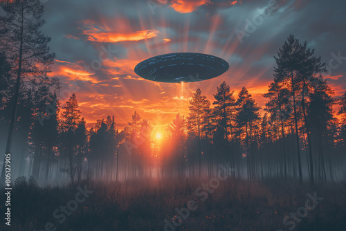 World UFO Day, Unidentified flying object on blue neutral background.