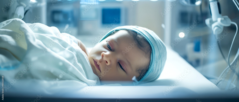 Delicate preemie baby in a hospital NICU, critical care environment with a focus on the infant, Delicate preemie baby in a hospital NICU, critical care environment with a focus on the infant,