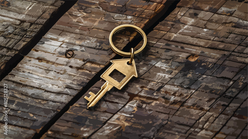 Key with house shape keychain on wooden background Vector photo