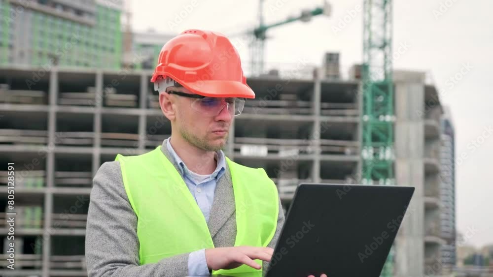 Serious construction supervisor working on laptop during on-site audit Serious construction supervisor working on laptop during on-site audit