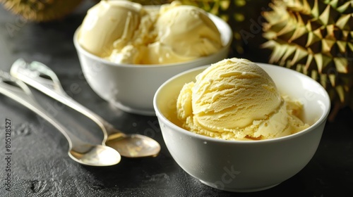 durian ice cream on a black table. A spoon is in one of the bowls. Two durian fruits are also on the table.