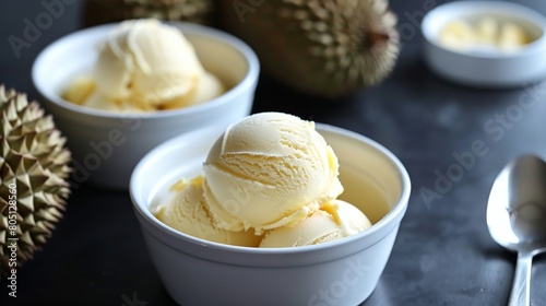durian ice cream on a black table. A spoon is in one of the bowls. Two durian fruits are also on the table.