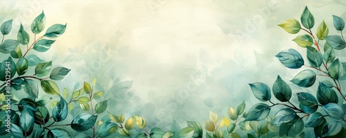 Banner with green leaves on blue watercolor background. 
