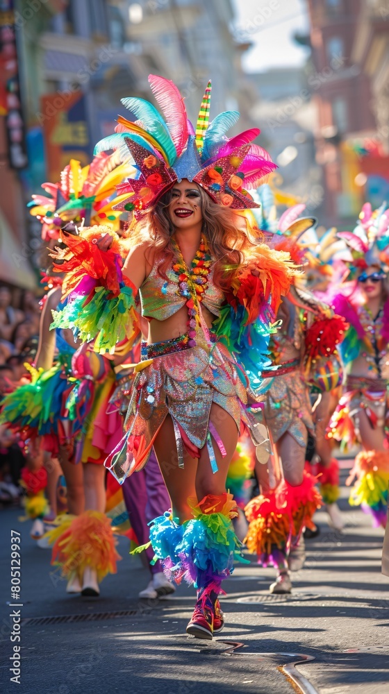 Diverse group of drag performers in vibrant costumes, parading down a street, celebrating LGBTQ+ pride and acceptance.