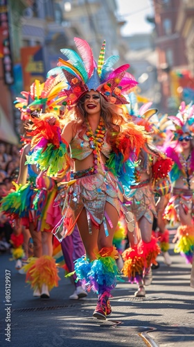 Diverse group of drag performers in vibrant costumes, parading down a street, celebrating LGBTQ+ pride and acceptance. © Sara_P