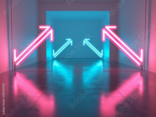 Illuminated neon arrow signs in a vibrant contemporary space with reflective floor.