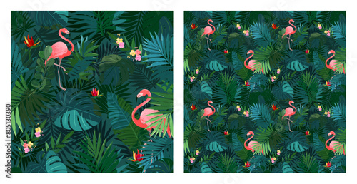 Tropical seamless pattern with flamingos and lush vegetation