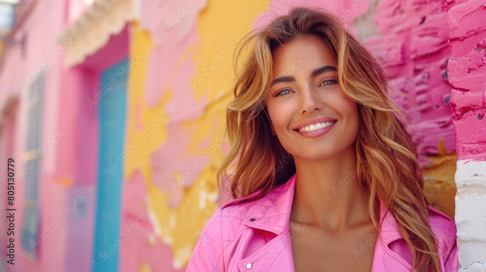 Woman Standing in Front of Colorful Wall Woman Standing in Front of Colorful Wall