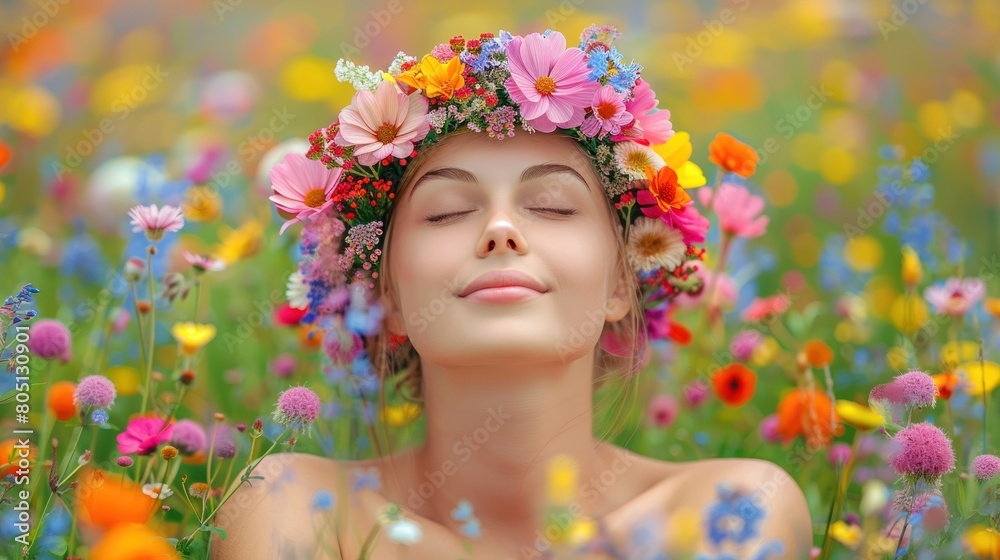 Naklejka premium Woman With Flower Wreath in Field