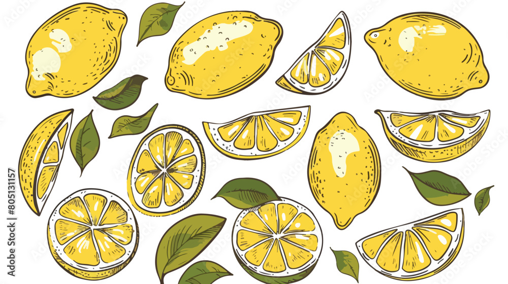 Lemon hand drawn set. Whole and sliced fruit. Vector