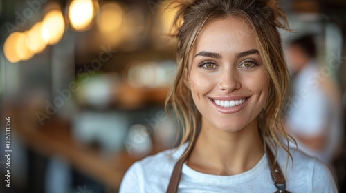 Smiling Woman in Brown Apron