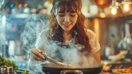 Woman Cooking in Wok With Steam