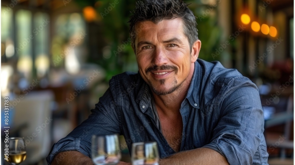 Man Sitting at Table With Four Glasses of Wine Man Sitting at Table With Four Glasses of Wine