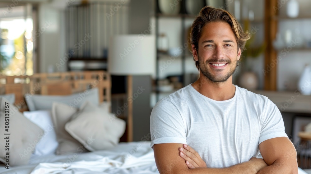 Fototapeta premium Man With Arms Crossed Standing by Bed