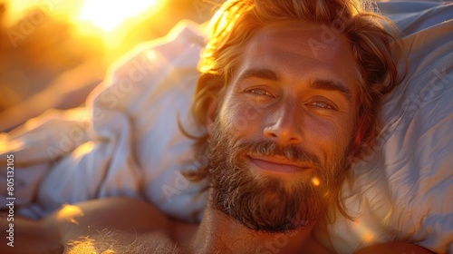 Bearded Man Resting on Bed photo