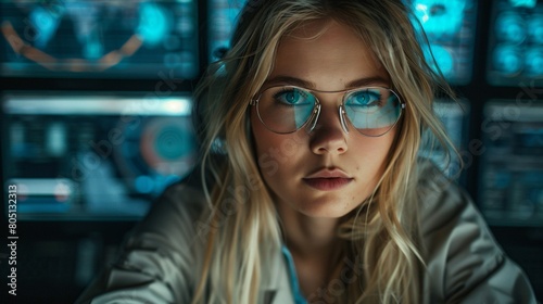 Female IT specialist monitoring cyber threats on multiple screens, using augmented reality glasses, highlighting advanced cybersecurity.