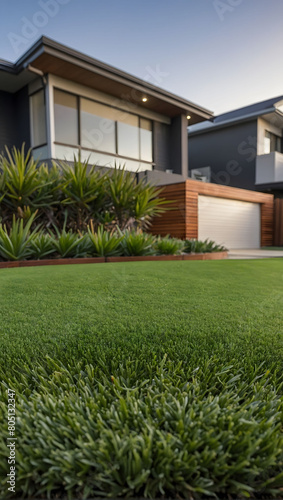 Sophisticated Suburbia, Front Lawn of Contemporary Aussie House with Synthetic Grass and Timber Edging.