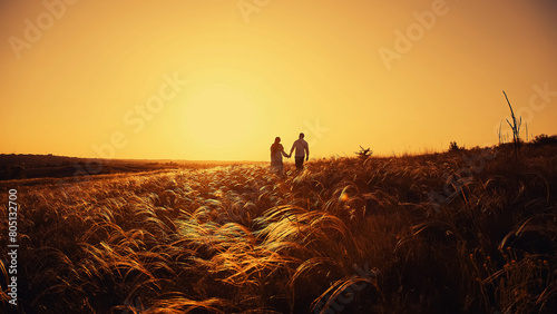 Silhouette of a couple in love against the background of a sunset in a field. Romantic scene of lovers. The concept of a love story, spending time together and feelings.