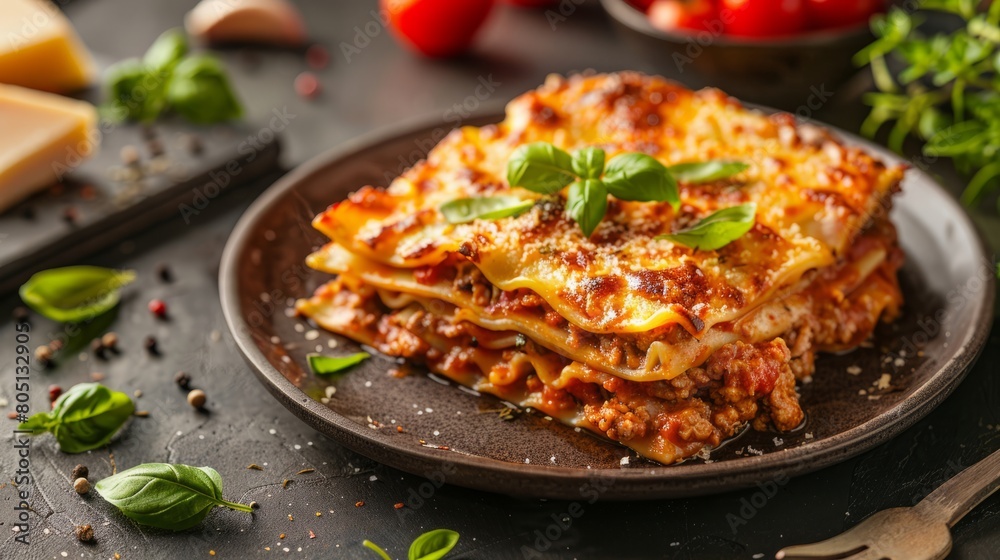 Gourmet Italian Meat Lasagna with Basil, a Culinary Masterpiece Layered with Richness and Flavor, Presented on a Table Setting with Fresh Herb Garnish Gourmet Italian Meat Lasagna with Basil, a Culinary Masterpiece Layered with Richness and Flavor, Presented on a Table Setting with Fresh Herb Garnish