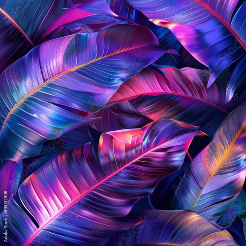 Abstract foliage and botanical background. Exotic plants background for banner, prints, decor, wall art. digital art, variegated trippy glowing textured leaves, vibrant colours © Irina