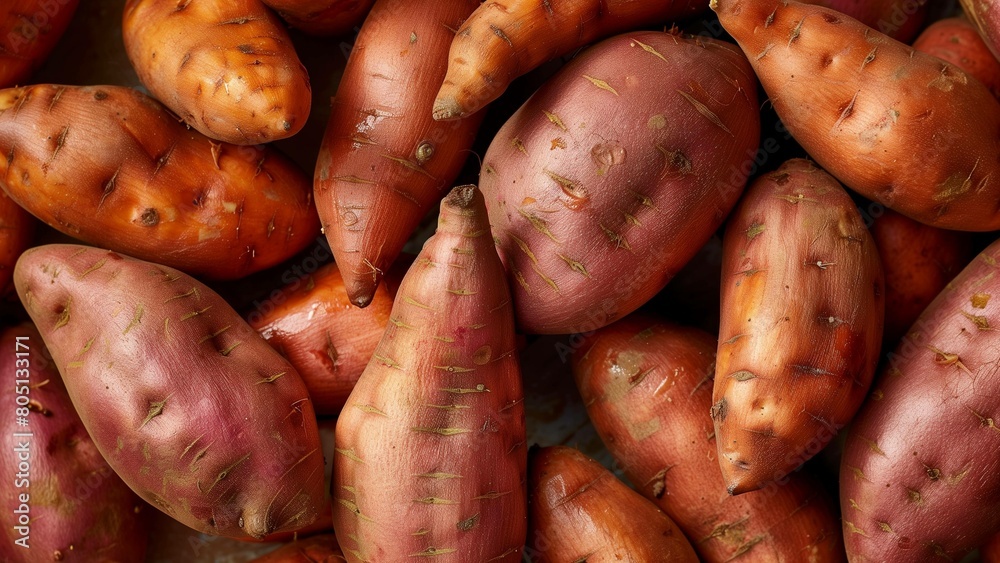 Fresh Sweet Potatoes with Earthy Brown and Orange Skin in a Close-Up Pattern Fresh Sweet Potatoes with Earthy Brown and Orange Skin in a Close-Up Pattern