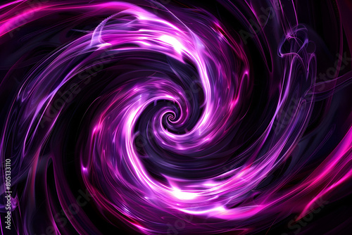 Hypnotizing neon pink and violet swirling vortex. Captivating abstract art on black background.