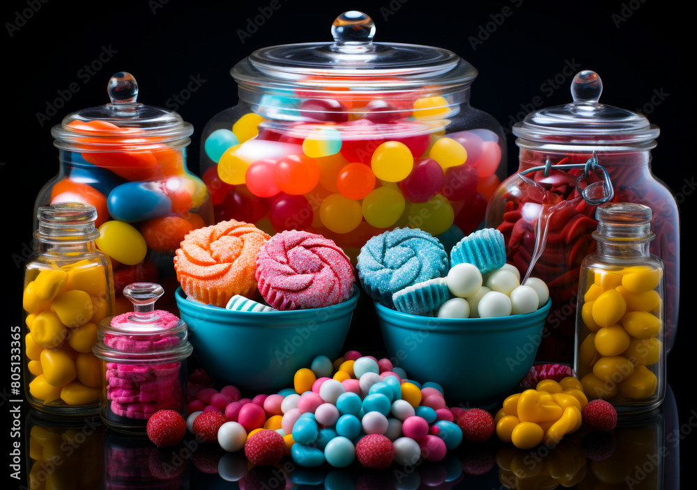 Vibrant Festive Candy Assortment - Lollipops, Marshmallows, Gummies, Chocolates, Party Treats on Bright Background Vibrant Festive Candy Assortment - Lollipops, Marshmallows, Gummies, Chocolates, Party Treats on Bright Background