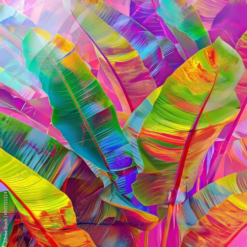 Abstract foliage and botanical background. Exotic plants background for banner, prints, decor, wall art. digital art, variegated trippy glowing textured leaves, vibrant colours