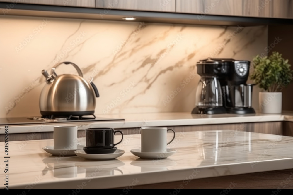 A kitchen counter holds two cups and a kettle, with a clean and organized appearance A kitchen counter holds two cups and a kettle, with a clean and organized appearance