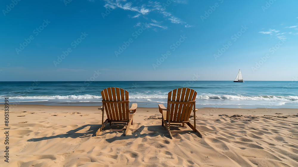 Two empty lounge chairs on a sandy beach. Summertime vacations