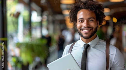 Curly-Haired Man in Tie Holding Laptop