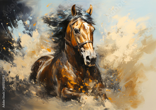 Vibrant Modern Art Painting with Golden Horse Motif, Large Knife Paint Strokes, Spotted Wall Mural