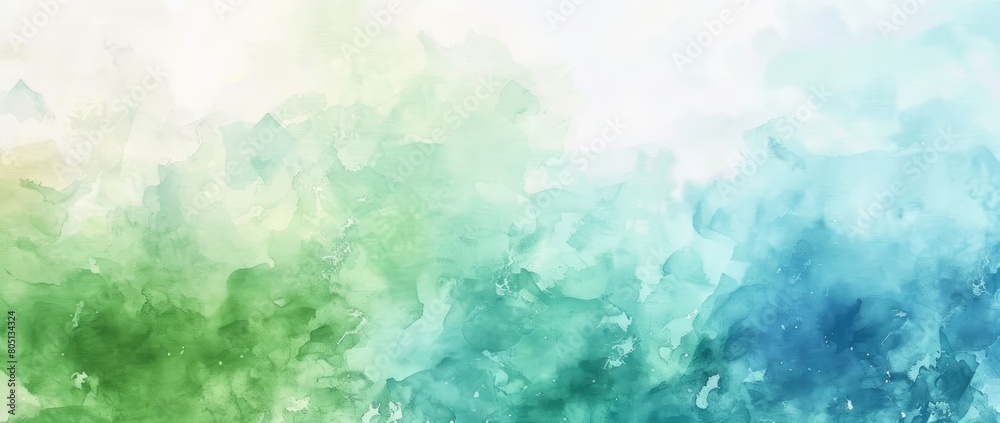 Artistic pattern of green and blue watercolors on white border
