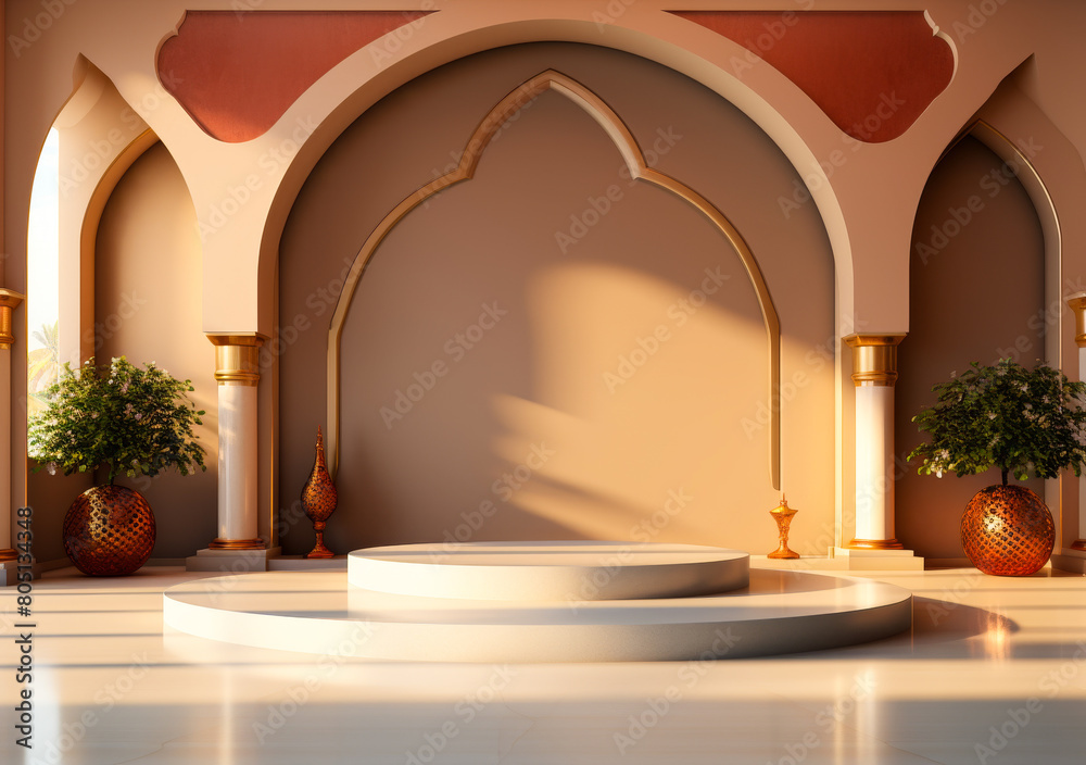 Minimalist Podium Ramadan Ornament Scene - Empty Stage Islam Event Muslim Holiday Decor Background