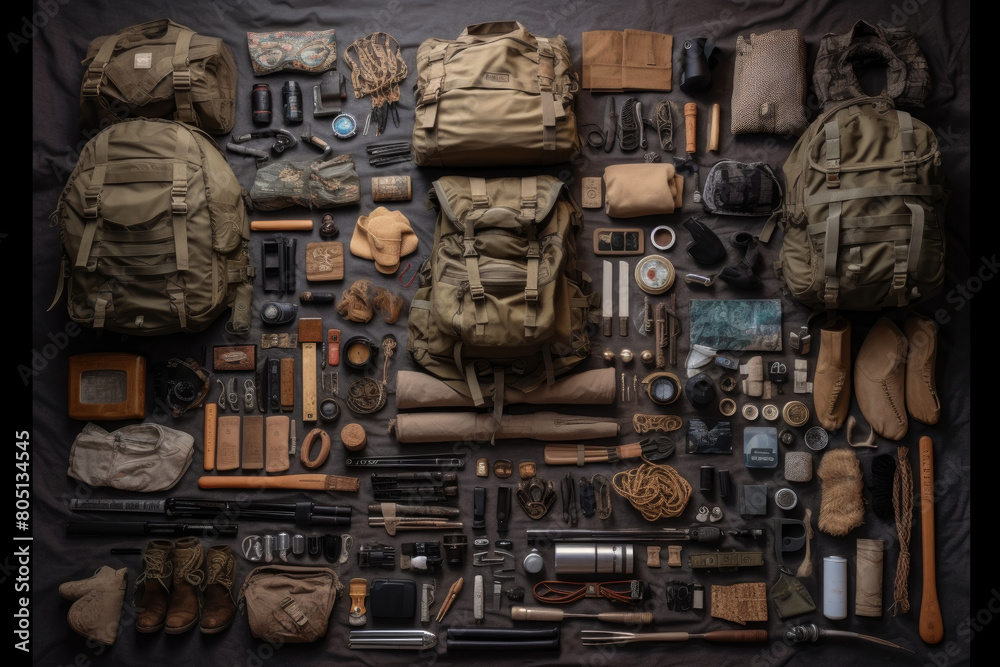A varied collection of military items laid out neatly on a table, showcasing a diversity of weapons, uniforms, and memorabilia A varied collection of military items laid out neatly on a table, showcasing a diversity of weapons, uniforms, and memorabilia