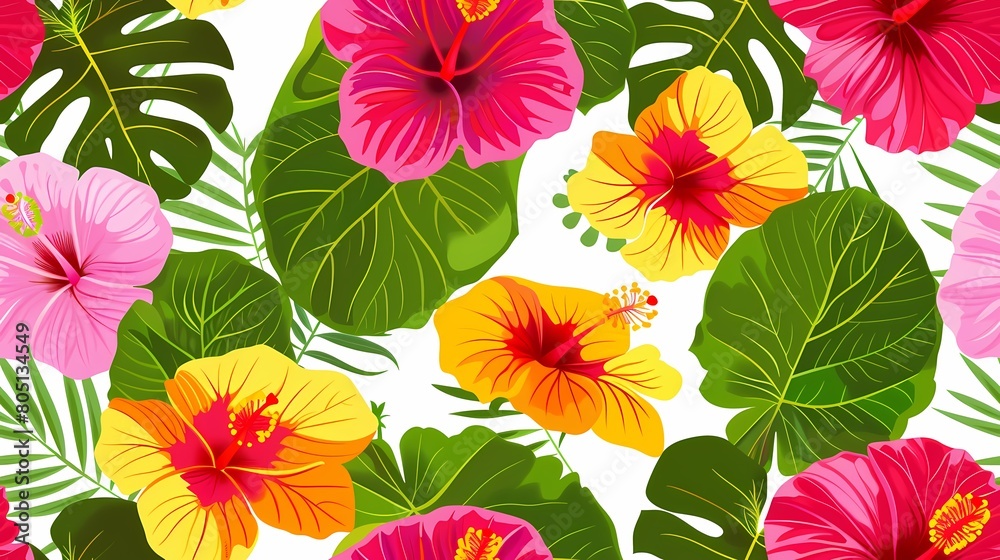 Seamless background with flowers. Seamless background features colorful hisbiscus flowers and green leaves.	
