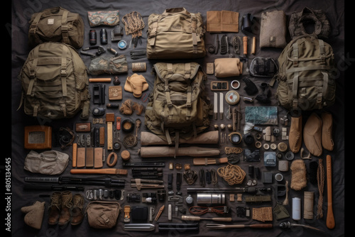 A varied collection of military items laid out neatly on a table, showcasing a diversity of weapons, uniforms, and memorabilia