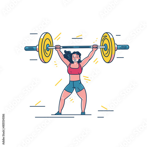 Woman lifting heavy barbell excitedly during workout. Female weightlifter training strength enthusiastically gym sport. Cartoon athlete performing powerlifting exercise vibrant colors success
