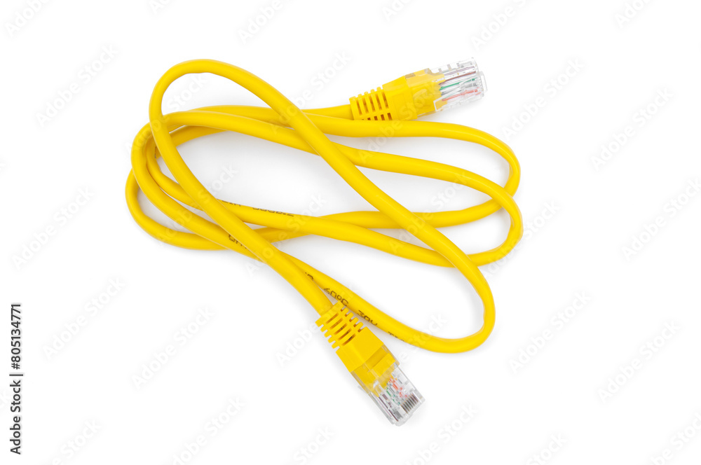 Yellow ethernet cable on a white background Yellow ethernet cable on a white background