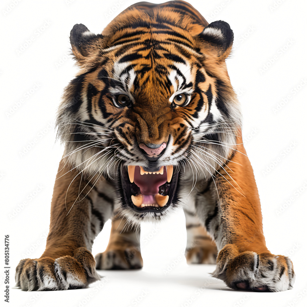 Fototapeta premium Close-up of snarling tiger on white background