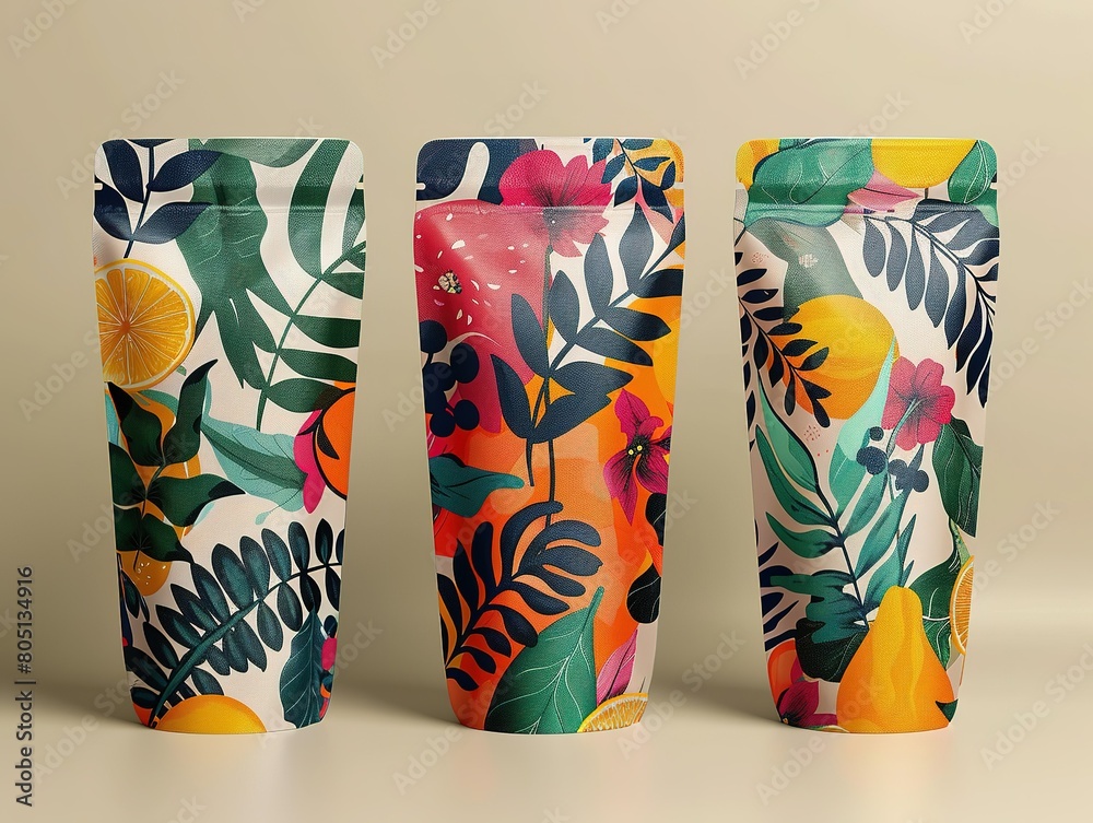 Obraz premium Three vertical pouches adorned with lush tropical fruit and floral designs, featuring bright and natural color palettes.