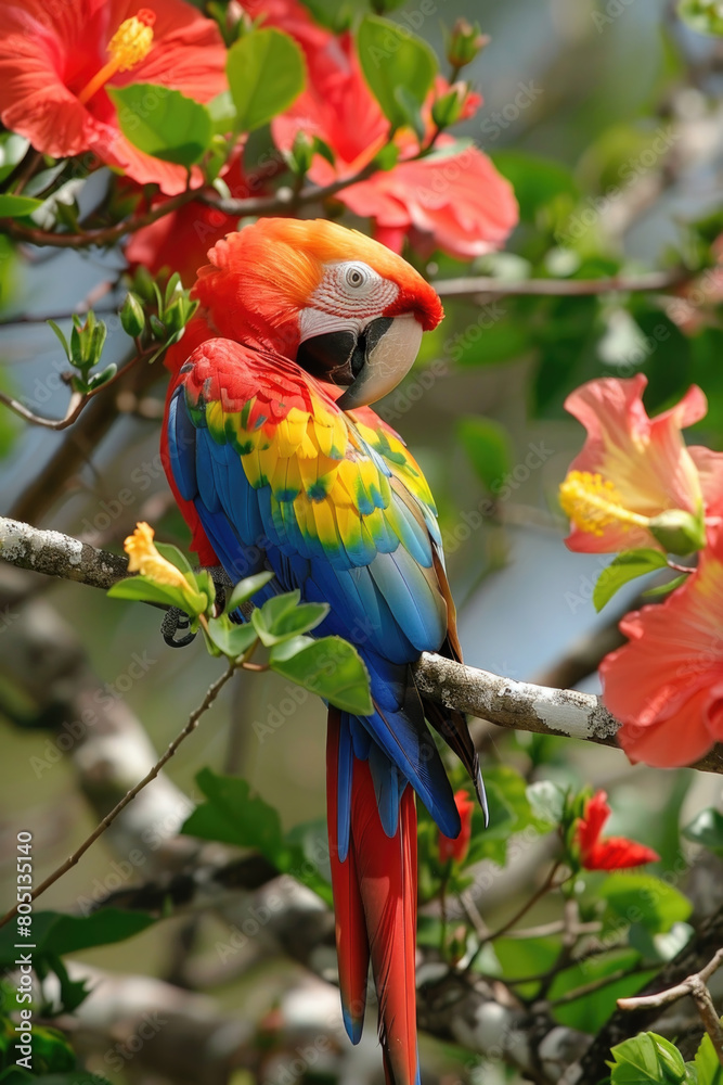 Obraz premium A bright and colorful parrot is perched on a branch of a tree, showcasing its vibrant feathers and sharp beak