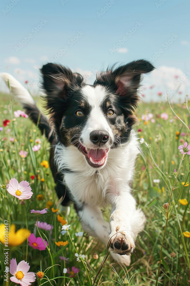 A black and white dog dashes through a vibrant field filled with colorful flowers under the bright sun