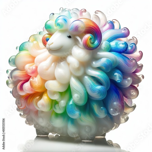 A stunning blown glass sculpture of a playful, cute goat with seamlessly blended rainbow colors, white background