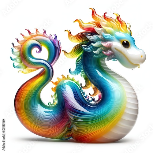A stunning blown glass sculpture of a playful  cute dragon with seamlessly blended rainbow colors  white background