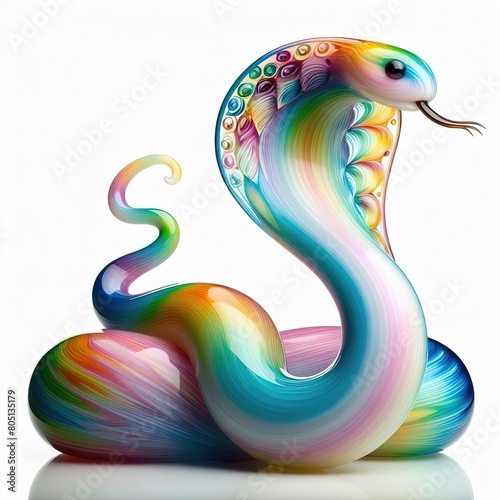 A stunning blown glass sculpture of a playful, cute snake with seamlessly blended rainbow colors, white background © JetHuynh