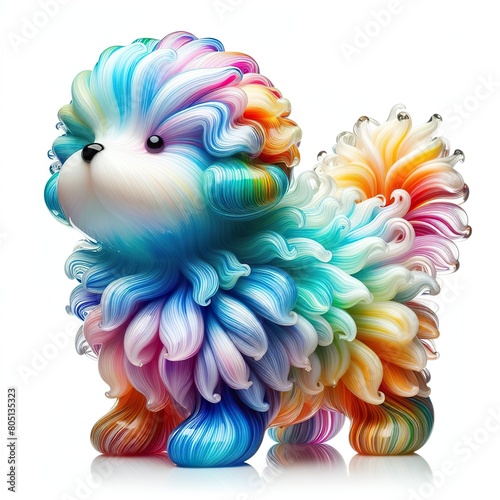 A stunning blown glass sculpture of a playful, cute puppy with seamlessly blended rainbow colors, white background © JetHuynh